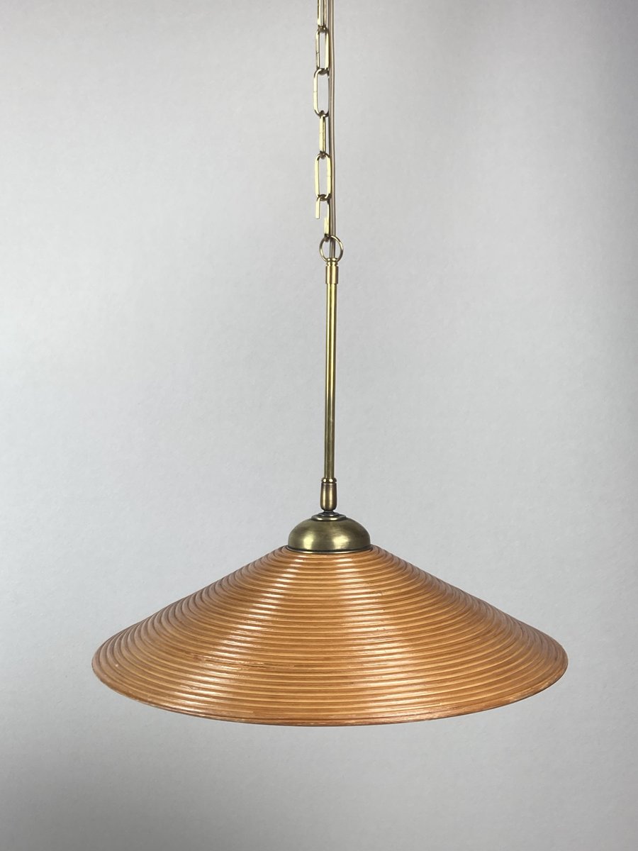 Pencil Split Reed, Rattan, Bamboo and Brass Pendant Lamp, 1970s