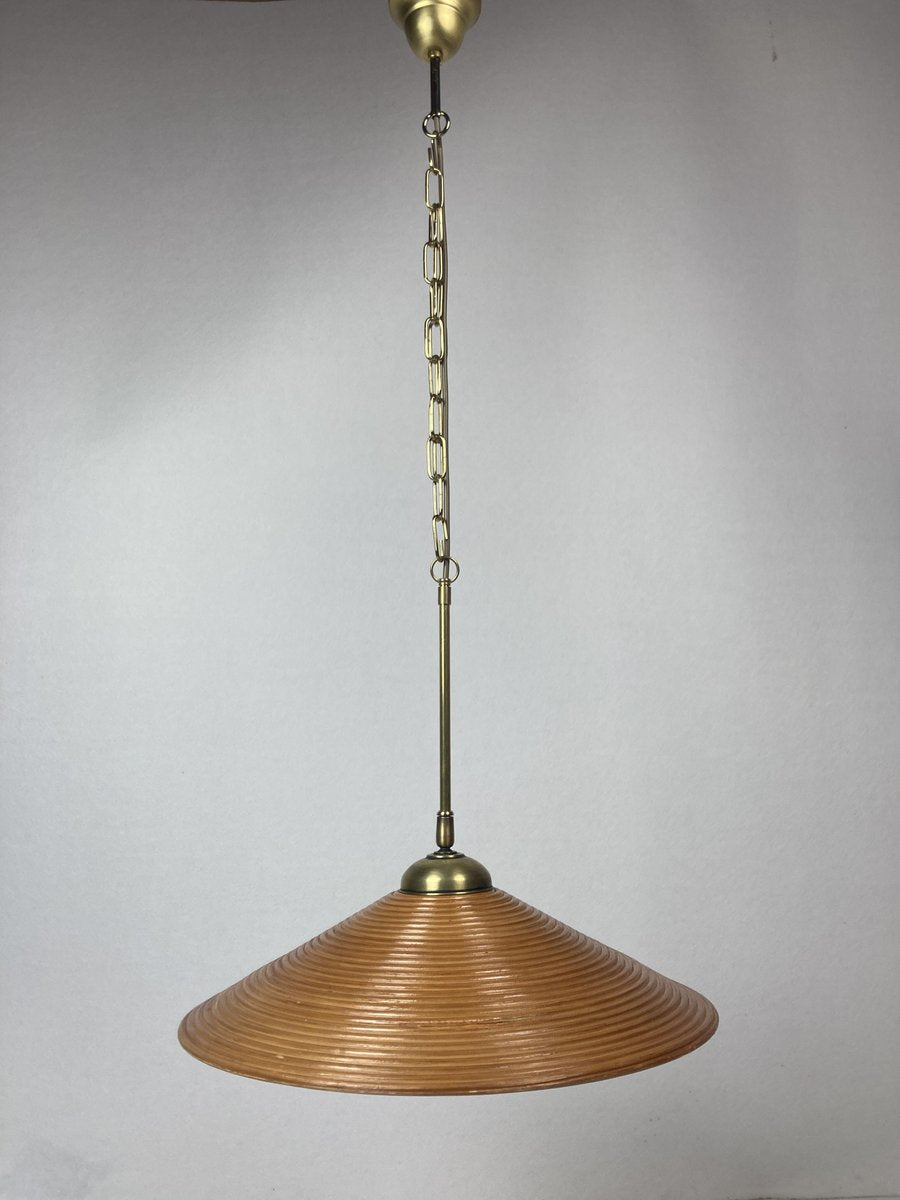 Pencil Split Reed, Rattan, Bamboo and Brass Pendant Lamp, 1970s