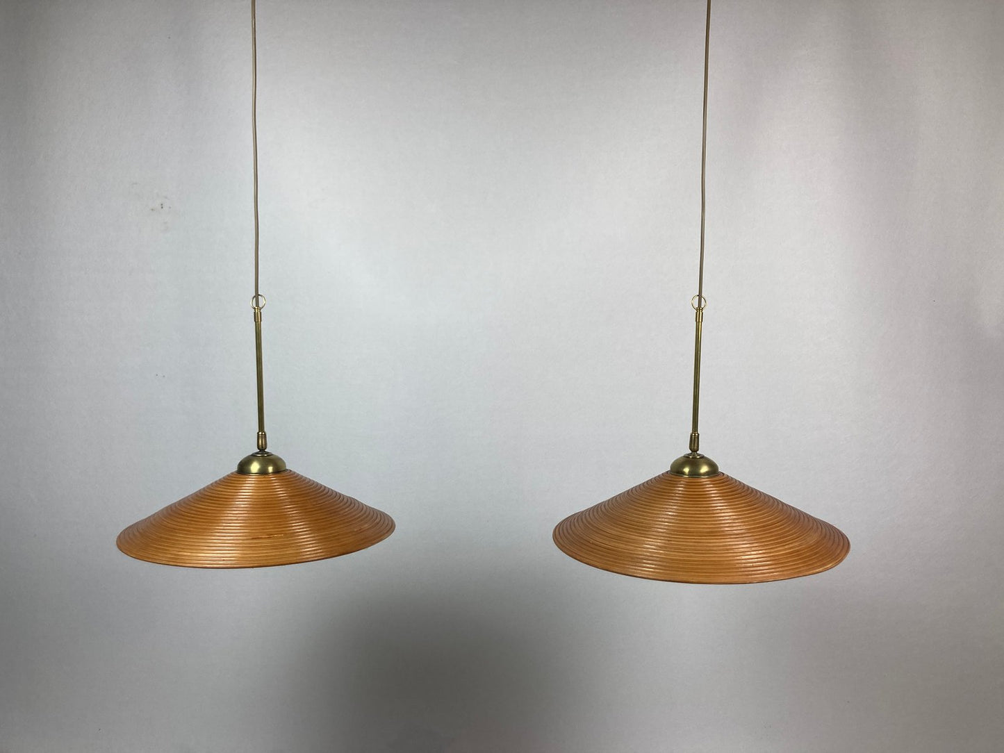 Pencil Split Reed, Rattan, Bamboo and Brass Pendant Lamp, 1970s