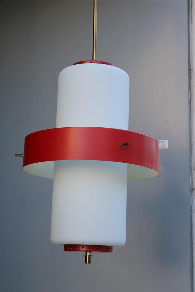 Pendant Lamp in Brass Glass and Red Lacquered Metal by Angelo Brotto for Esperia, 1950