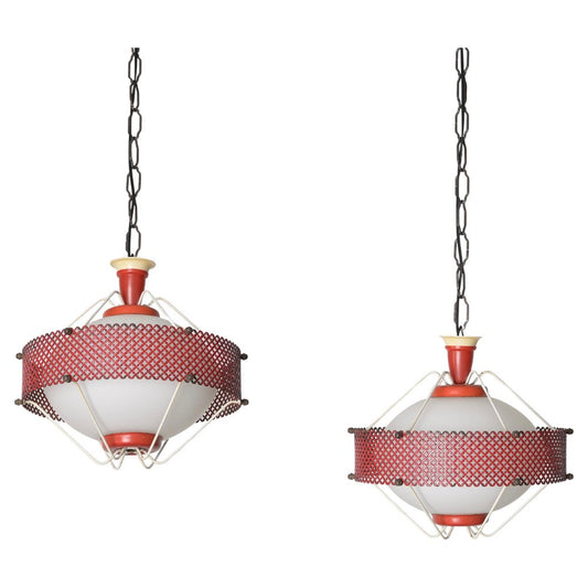 Pendant Lamp in Opaline Glass & Red Metal attributed to Mathieu Matégot, France, 1950s