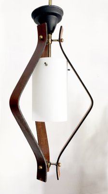 Pendant Lamp with White Opaline Cylindrical Central Glass, Brass Details & Teak Slats, 1950s-GGK-746617