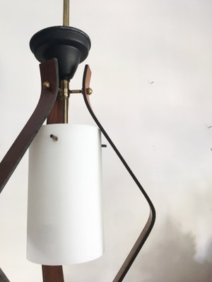 Pendant Lamp with White Opaline Cylindrical Central Glass, Brass Details & Teak Slats, 1950s-GGK-746617