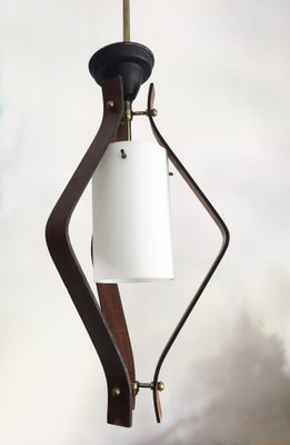 Pendant Lamp with White Opaline Cylindrical Central Glass, Brass Details & Teak Slats, 1950s-GGK-746617