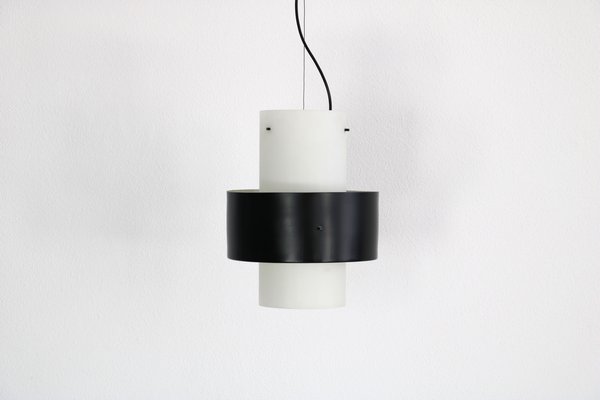 Pendant Light inSatin Glass with Black Painted Aluminum Ring from Stilnovo, 1950s-AA-1778466