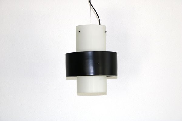 Pendant Light inSatin Glass with Black Painted Aluminum Ring from Stilnovo, 1950s-AA-1778466