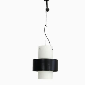 Pendant Light inSatin Glass with Black Painted Aluminum Ring from Stilnovo, 1950s-AA-1778466