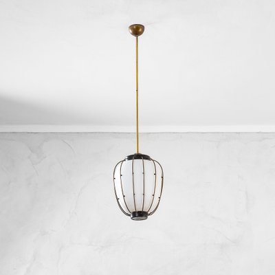 Pendant Light with Brass & Metal Structure and Opaline Glass Diffuser attributed to Angelo Lelli for Stilnovo, 1950s-FWM-1388529