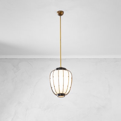 Pendant Light with Brass & Metal Structure and Opaline Glass Diffuser attributed to Angelo Lelli for Stilnovo, 1950s-FWM-1388529