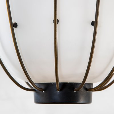 Pendant Light with Brass & Metal Structure and Opaline Glass Diffuser attributed to Angelo Lelli for Stilnovo, 1950s-FWM-1388529