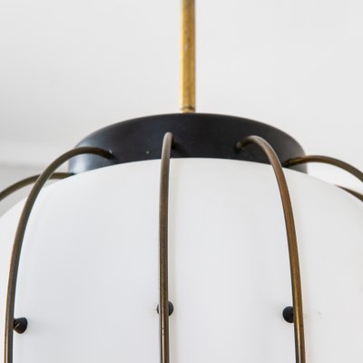 Pendant Light with Brass & Metal Structure and Opaline Glass Diffuser attributed to Angelo Lelli for Stilnovo, 1950s-FWM-1388529