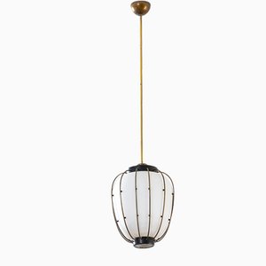 Pendant Light with Brass & Metal Structure and Opaline Glass Diffuser attributed to Angelo Lelli for Stilnovo, 1950s-FWM-1388529