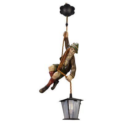 Pendant Light with Hand Carved Mountain Climber Sculpture and Lantern, 1930s-KEG-1718796