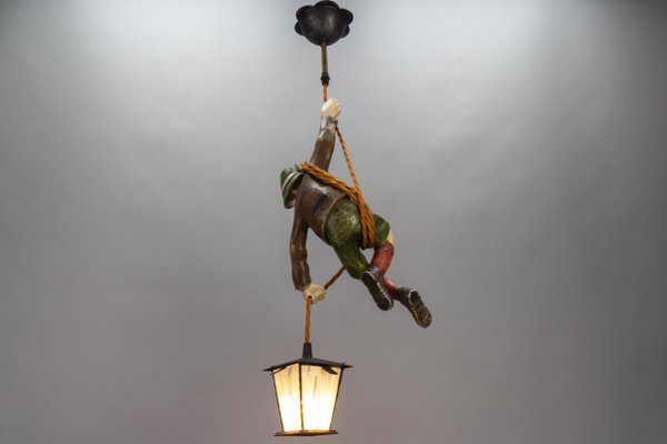 Pendant Light with Hand Carved Mountain Climber Sculpture and Lantern, 1930s-KEG-1718796