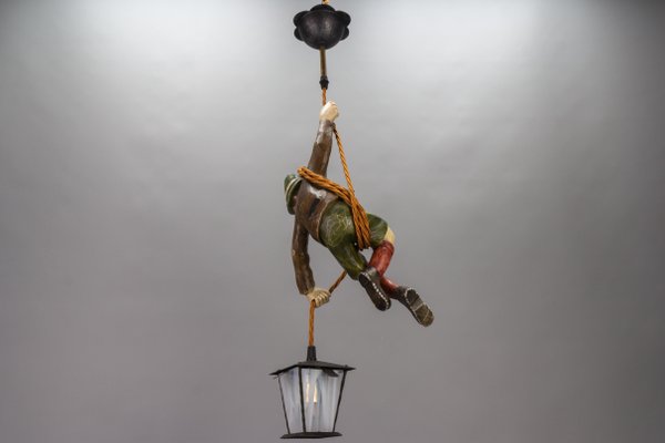 Pendant Light with Hand Carved Mountain Climber Sculpture and Lantern, 1930s-KEG-1718796