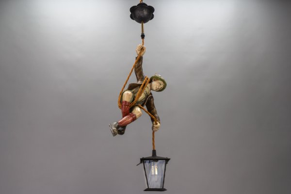 Pendant Light with Hand Carved Mountain Climber Sculpture and Lantern, 1930s-KEG-1718796