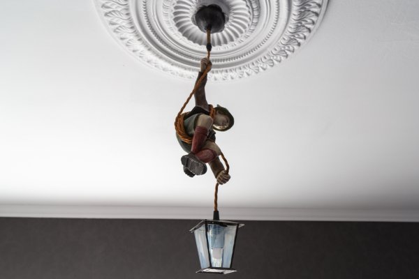 Pendant Light with Hand Carved Mountain Climber Sculpture and Lantern, 1930s-KEG-1718796