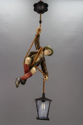 Pendant Light with Hand Carved Mountain Climber Sculpture and Lantern, 1930s-KEG-1718796