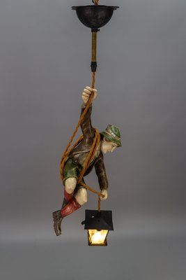 Pendant Light with Hand Carved Mountain Climber Sculpture and Lantern, 1930s-KEG-1718796