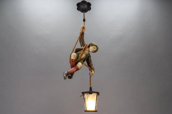 Pendant Light with Hand Carved Mountain Climber Sculpture and Lantern, 1930s-KEG-1718796