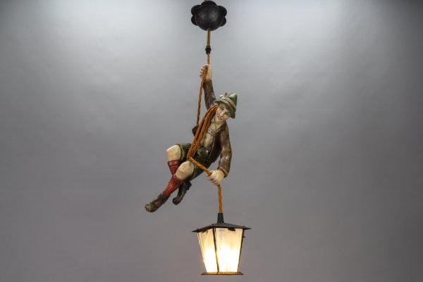 Pendant Light with Hand Carved Mountain Climber Sculpture and Lantern, 1930s-KEG-1718796