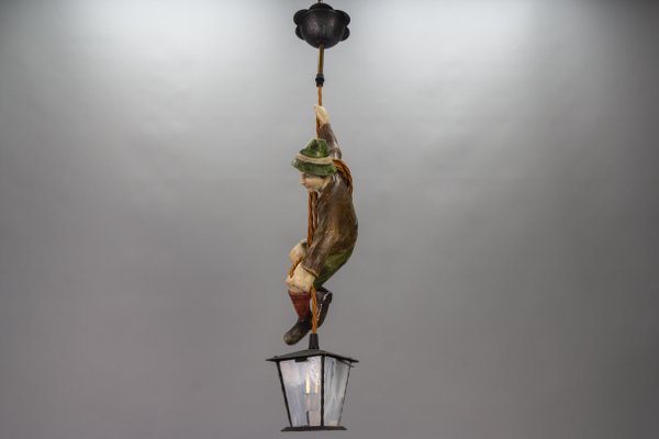 Pendant Light with Hand Carved Mountain Climber Sculpture and Lantern, 1930s-KEG-1718796