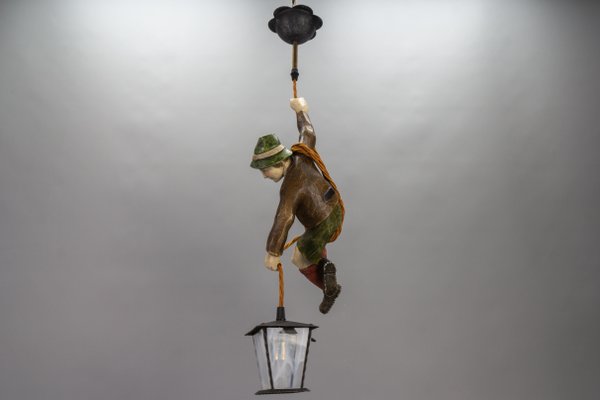 Pendant Light with Hand Carved Mountain Climber Sculpture and Lantern, 1930s-KEG-1718796