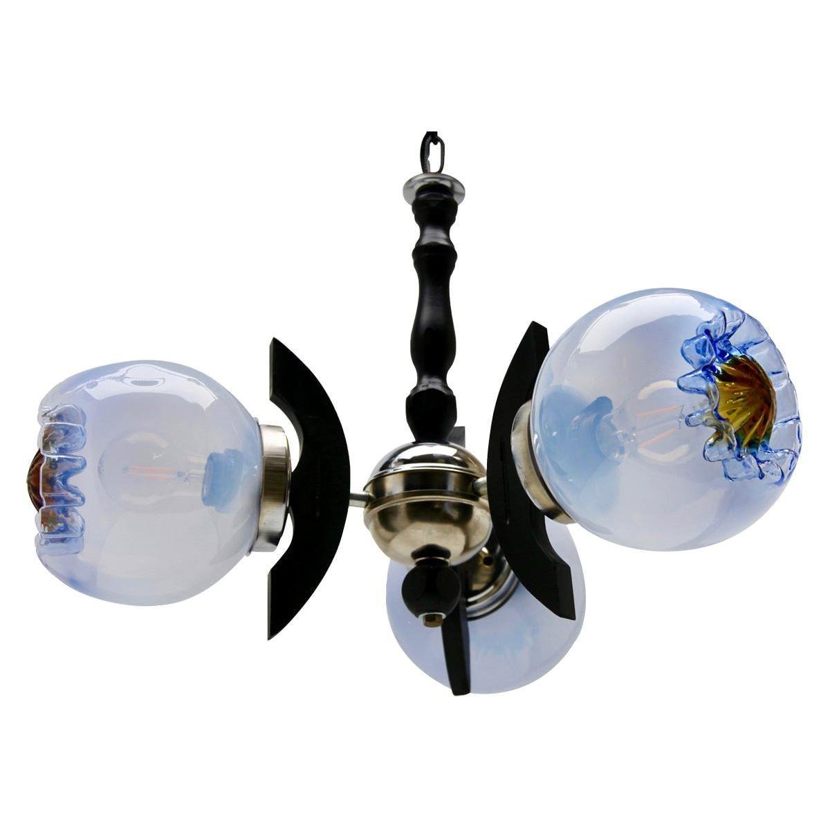 Pendant with 3 Globes of Clear Glass with Orange and Blue Inclusions from Mazzega