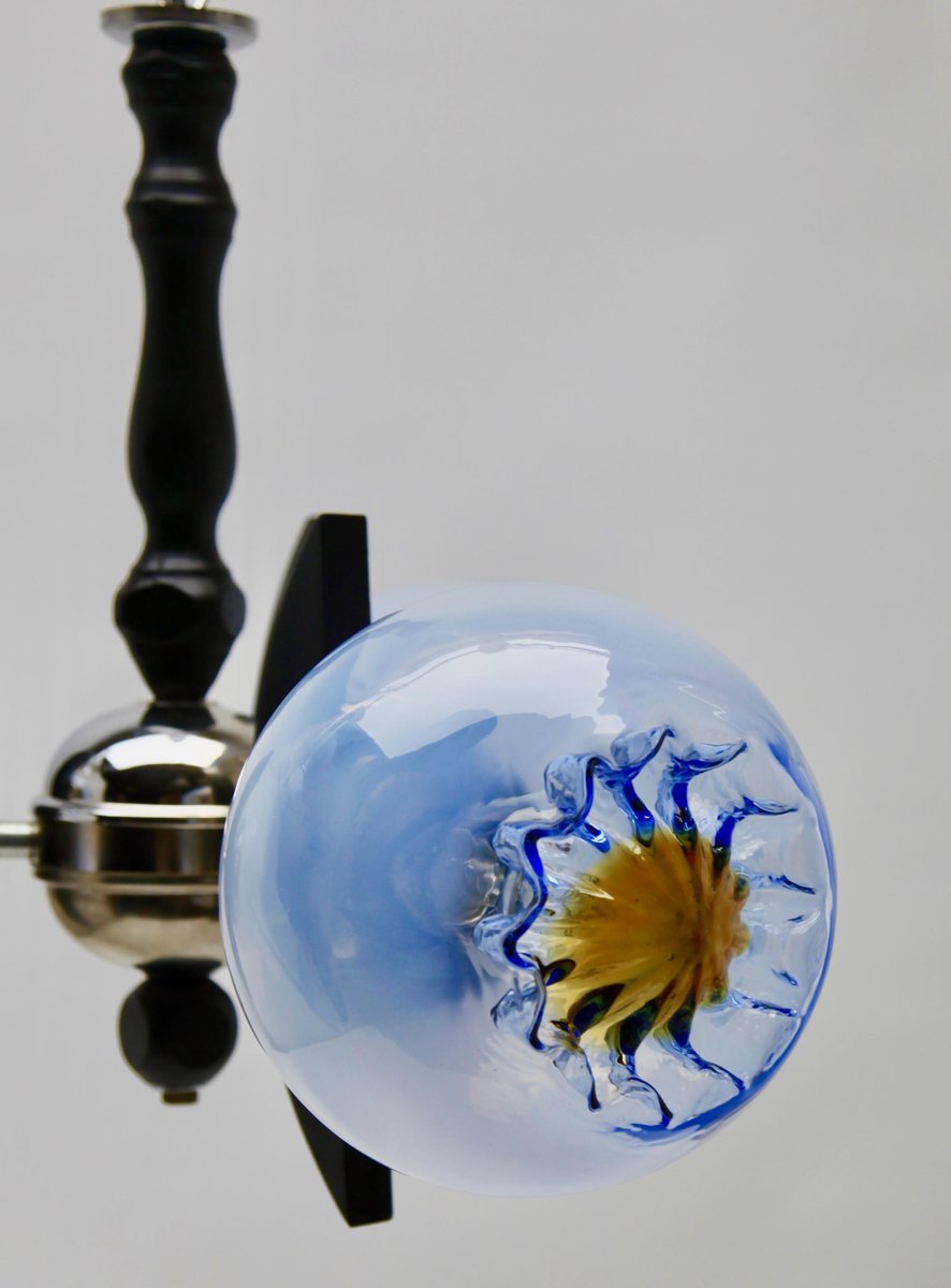 Pendant with 3 Globes of Clear Glass with Orange and Blue Inclusions from Mazzega