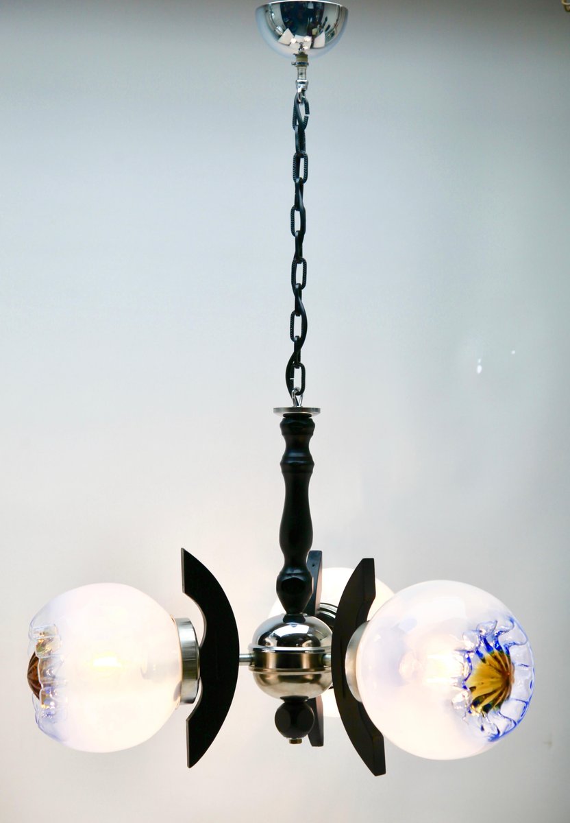 Pendant with 3 Globes of Clear Glass with Orange and Blue Inclusions from Mazzega