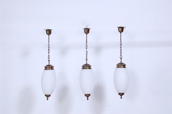 Pendants in Brass and Opal Glass, 1950s, Set of 3-XSG-1263844