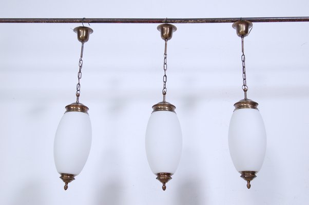 Pendants in Brass and Opal Glass, 1950s, Set of 3-XSG-1263844