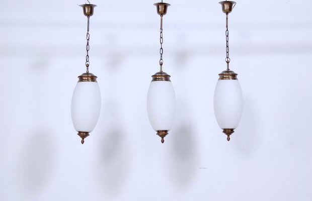 Pendants in Brass and Opal Glass, 1950s, Set of 3-XSG-1263844