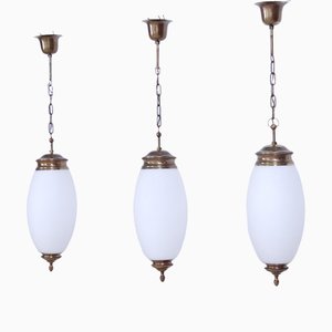 Pendants in Brass and Opal Glass, 1950s, Set of 3-XSG-1263844