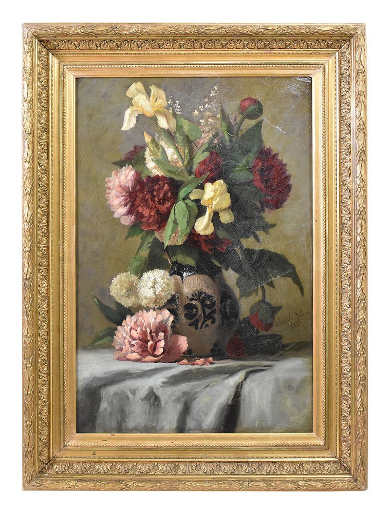 Peonies and Irises Still Life, 1881, Oil on Canvas, Framed