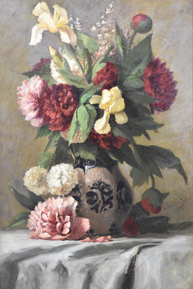 Peonies and Irises Still Life, 1881, Oil on Canvas, Framed