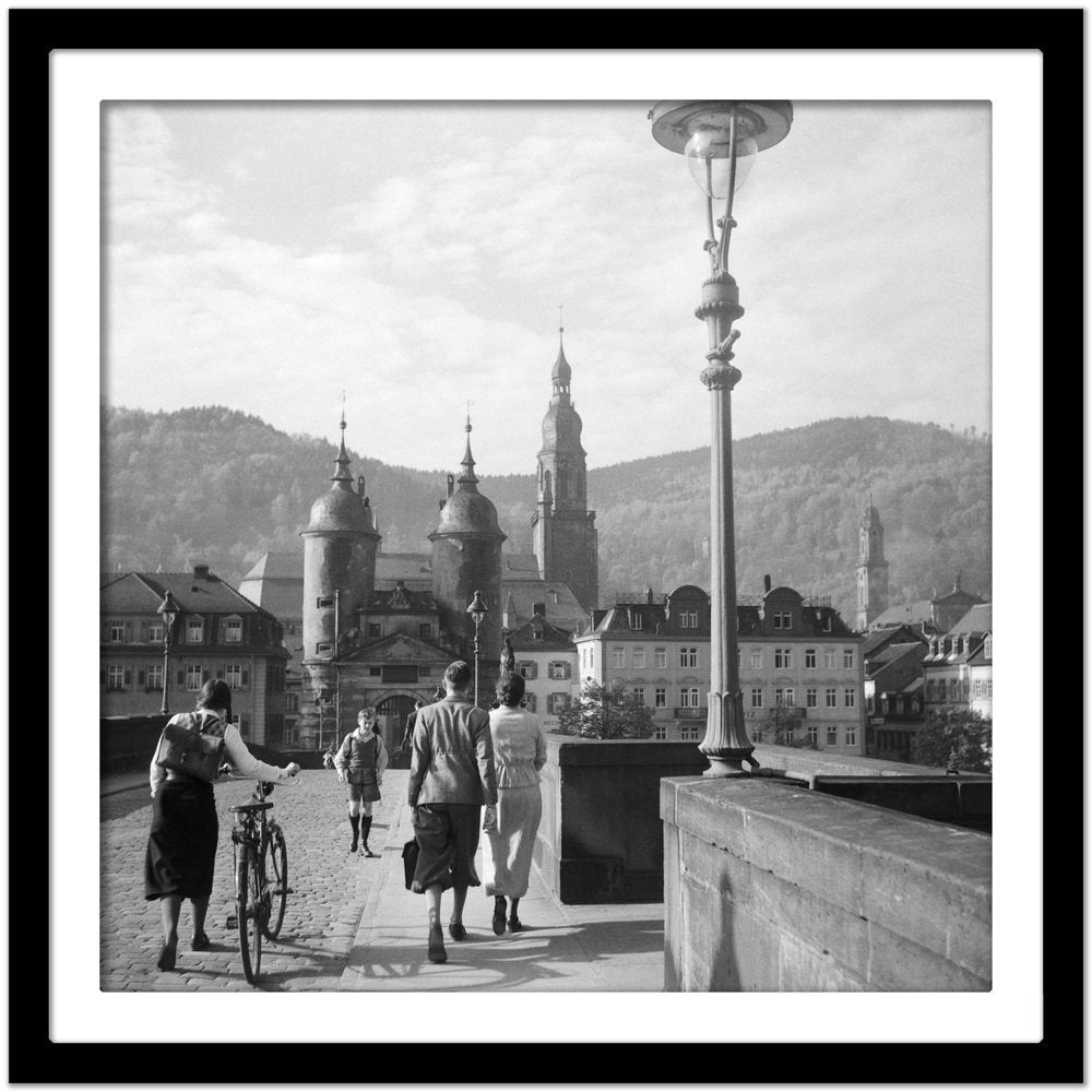 People on Old Bridge at Neckar to Heidelberg, Germany 1936, Printed 2021