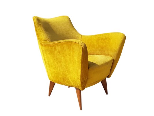 Perla Armchairs in Yellow Velvet and Wood by Guglielmo Veronesi for Isa Bergamo, 1952, Set of 2-RD-1764419