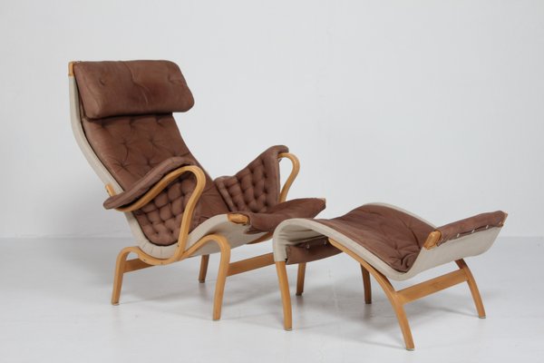 Pernilla Lounge Chair & Foot Rest in Beech and Chocolate Colored Aniline Leather by Bruno Mathsson for Dux, Sweden, 1970s-QQ-2022457