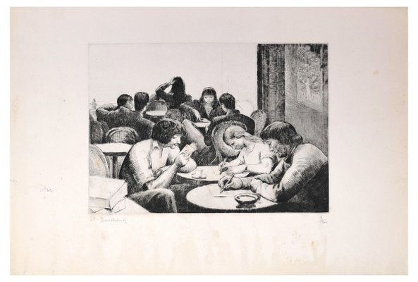 Personnes Attablées au Café - Etching and Drypoint by E. Bouchaud Mid 20th Century-ZCI-762109