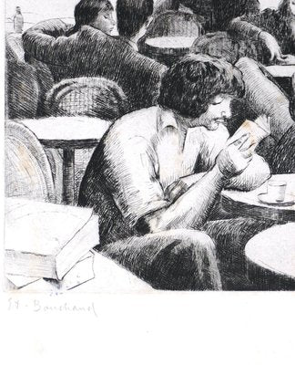 Personnes Attablées au Café - Etching and Drypoint by E. Bouchaud Mid 20th Century-ZCI-762109