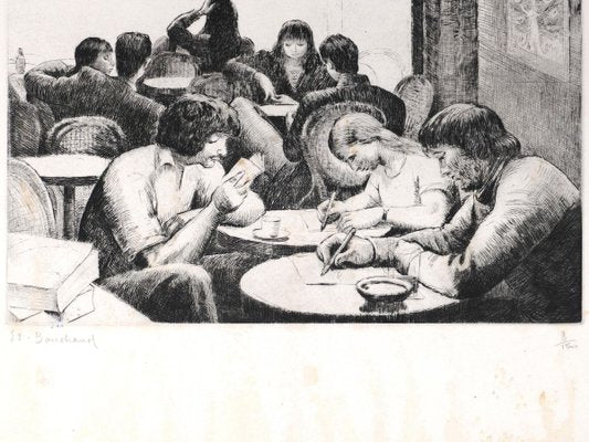 Personnes Attablées au Café - Etching and Drypoint by E. Bouchaud Mid 20th Century-ZCI-762109