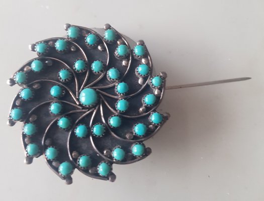 Petit Mid-Century Turquoise and Silver Zuni Point Sun Wheel Brooch and Pendant-QDP-1187810