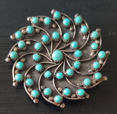 Petit Mid-Century Turquoise and Silver Zuni Point Sun Wheel Brooch and Pendant-QDP-1187810