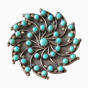 Petit Mid-Century Turquoise and Silver Zuni Point Sun Wheel Brooch and Pendant-QDP-1187810