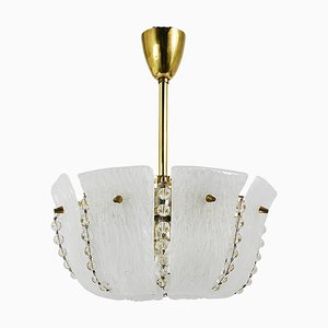 Petite Curved Basket Chandelier in Brass & Glass attributed to J. T. Kalmar for Kalmar, Austria, 1950s-MWV-2026690