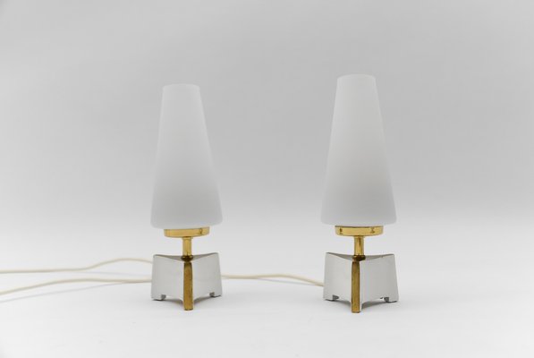 Petite Mid-Century Modern Massive Brass and Opaline Glass Table Lamps, 1950s , Set of 2-KQB-1743625