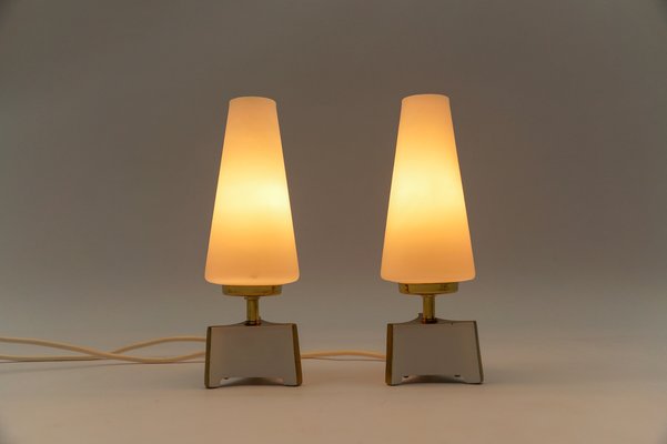 Petite Mid-Century Modern Massive Brass and Opaline Glass Table Lamps, 1950s , Set of 2-KQB-1743625