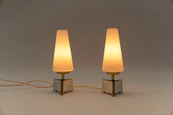 Petite Mid-Century Modern Massive Brass and Opaline Glass Table Lamps, 1950s , Set of 2-KQB-1743625