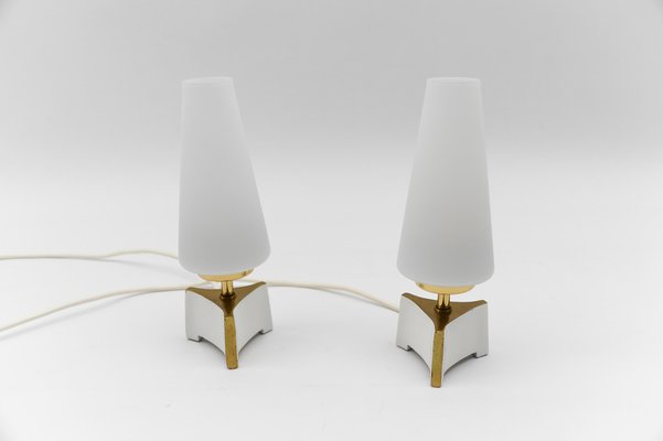 Petite Mid-Century Modern Massive Brass and Opaline Glass Table Lamps, 1950s , Set of 2-KQB-1743625